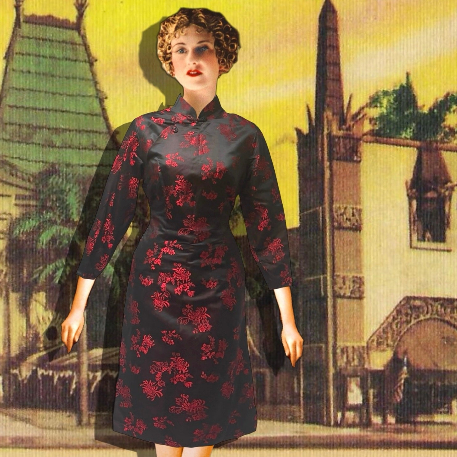 Vintage Cheongsam 1960s Metallic Floral Embroidered Lamé Silk Lining Qipao Dress