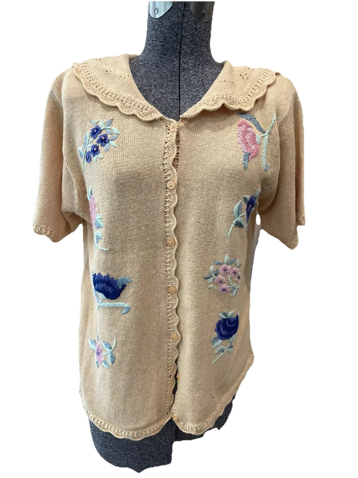 Jantzen Petites Ramie Cotton Hand Embroidered Sweater Top-Peach Beige VTG 1980s