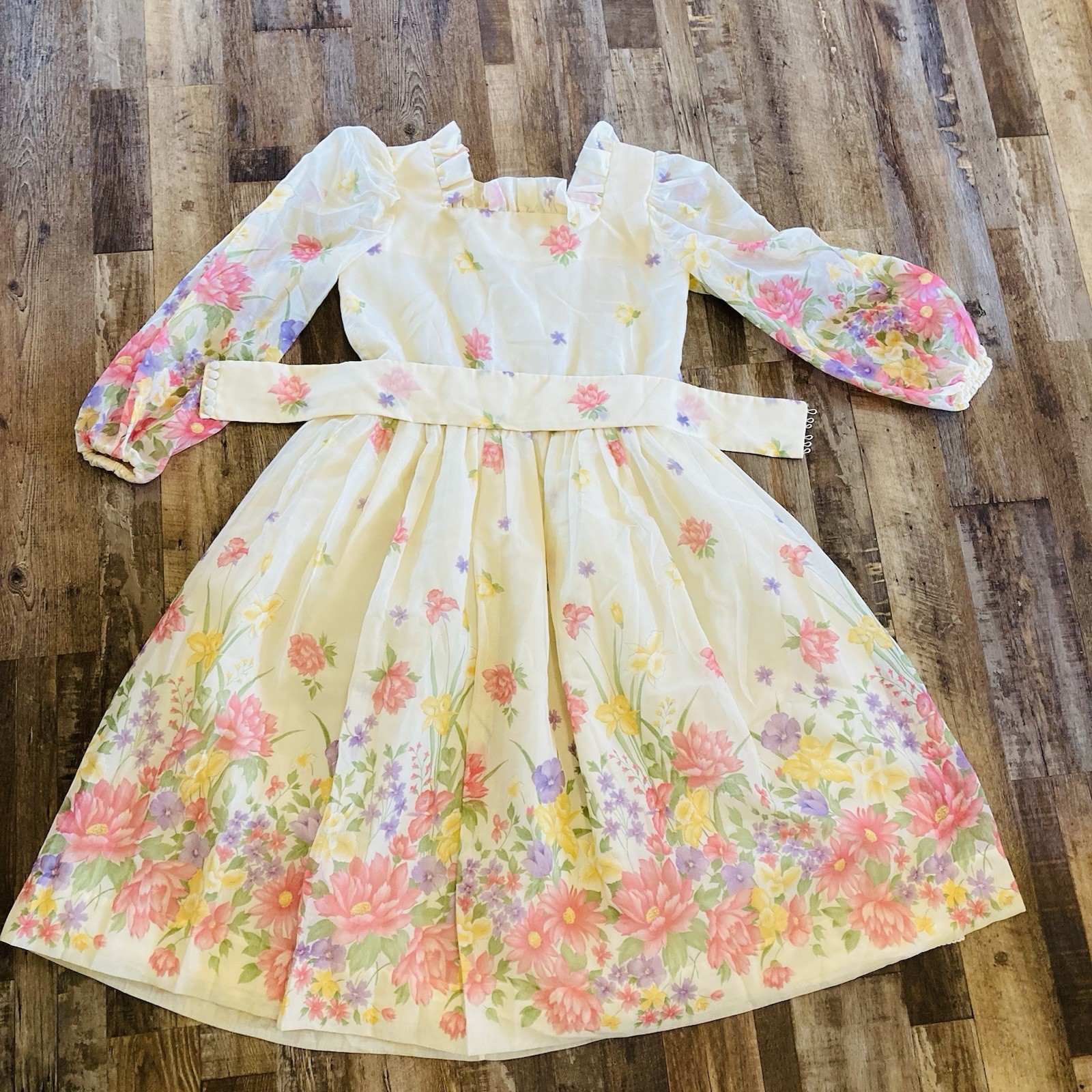 Vintage L Dress Prairie Floral Homemade Cottagecore Sheer Sleeves Ruffles Gunne