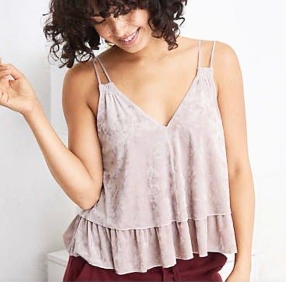 Aerie Camisole Velvet Tiered Ruffle Tank, Womens XL Pink