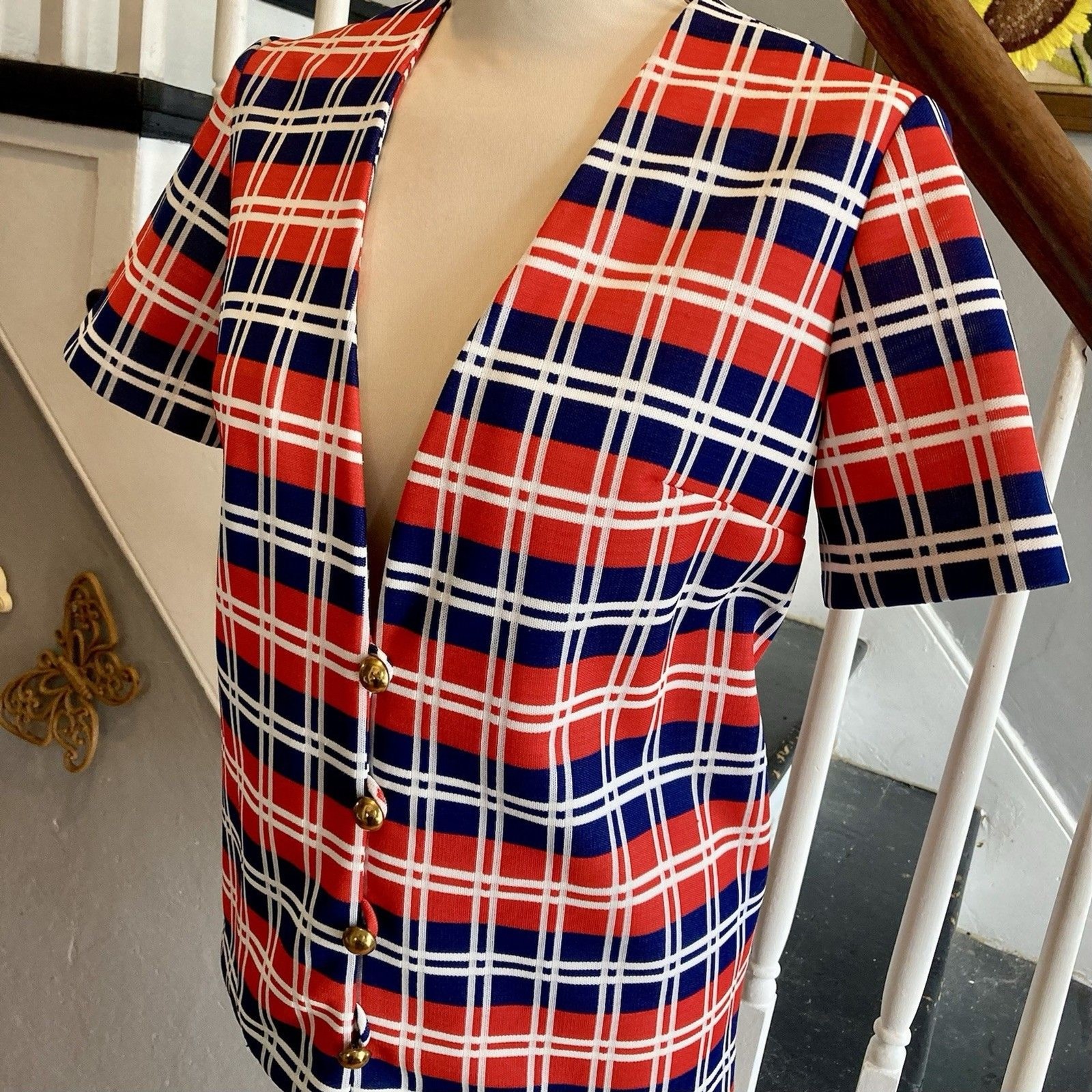 1970s Red White Blue Navy Plaid Jacket 1976 Mod Bicentennial Wear To Work Disco