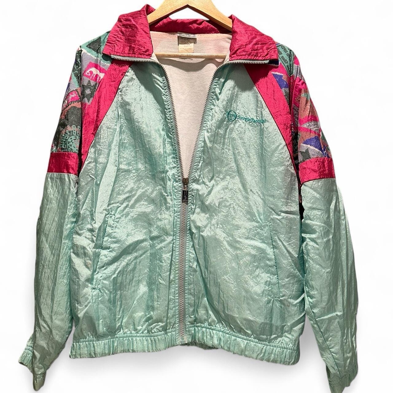 Vintage Sergio Tacchini Colorblock Windbreaker Jacket 80s Aqua Pink Nylon Track