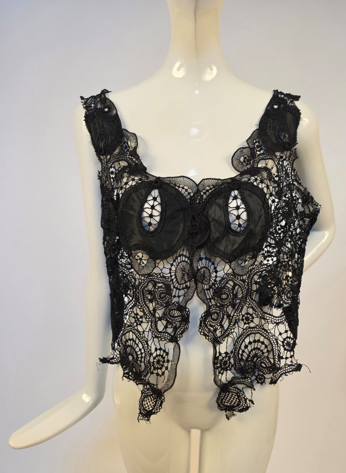 EDWARDIAN BLACK HANDMADE LACE VEST TOP W SILK TAFFETA DETAIL – UNFINISHED