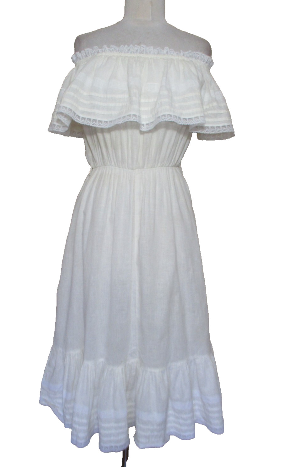 Vintage 70s White Prairie VICKY VAUGHN Cottagecore Midi Dress S/M Off Shoulder