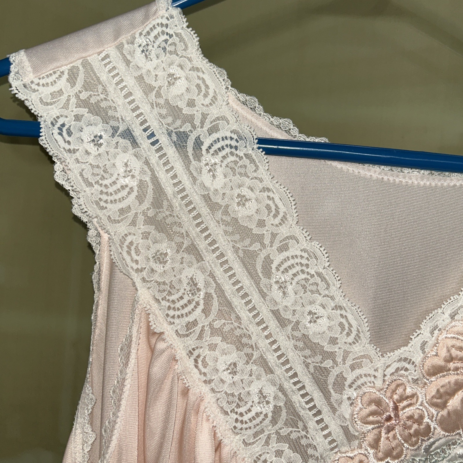 Vintage Shadowline Pink Nylon Nightgown Lace Applique Long Size L