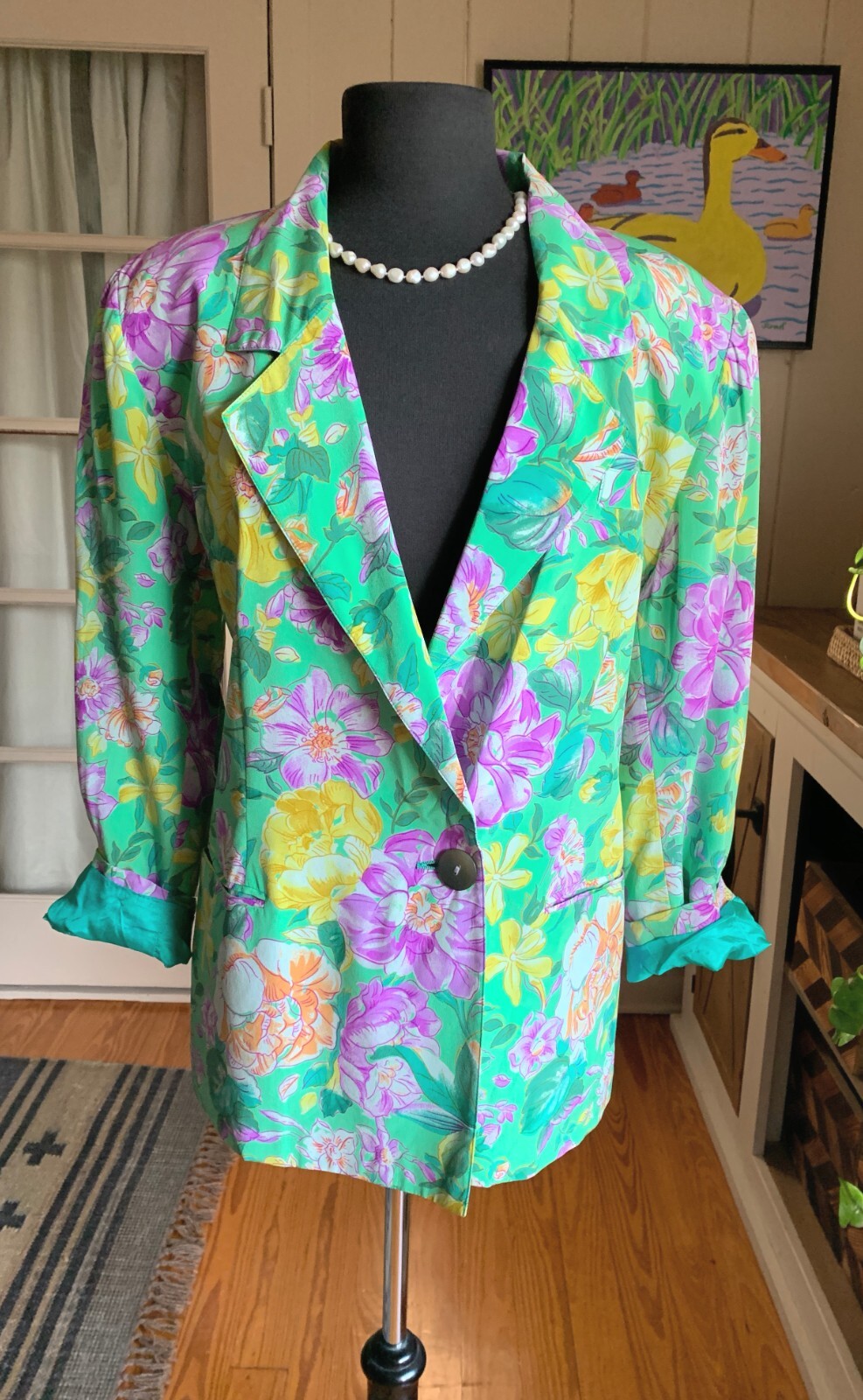 Vintage 70&rsquo;s Couture J.Tiktiner Silk Floral Blazer 12-14 Made in France