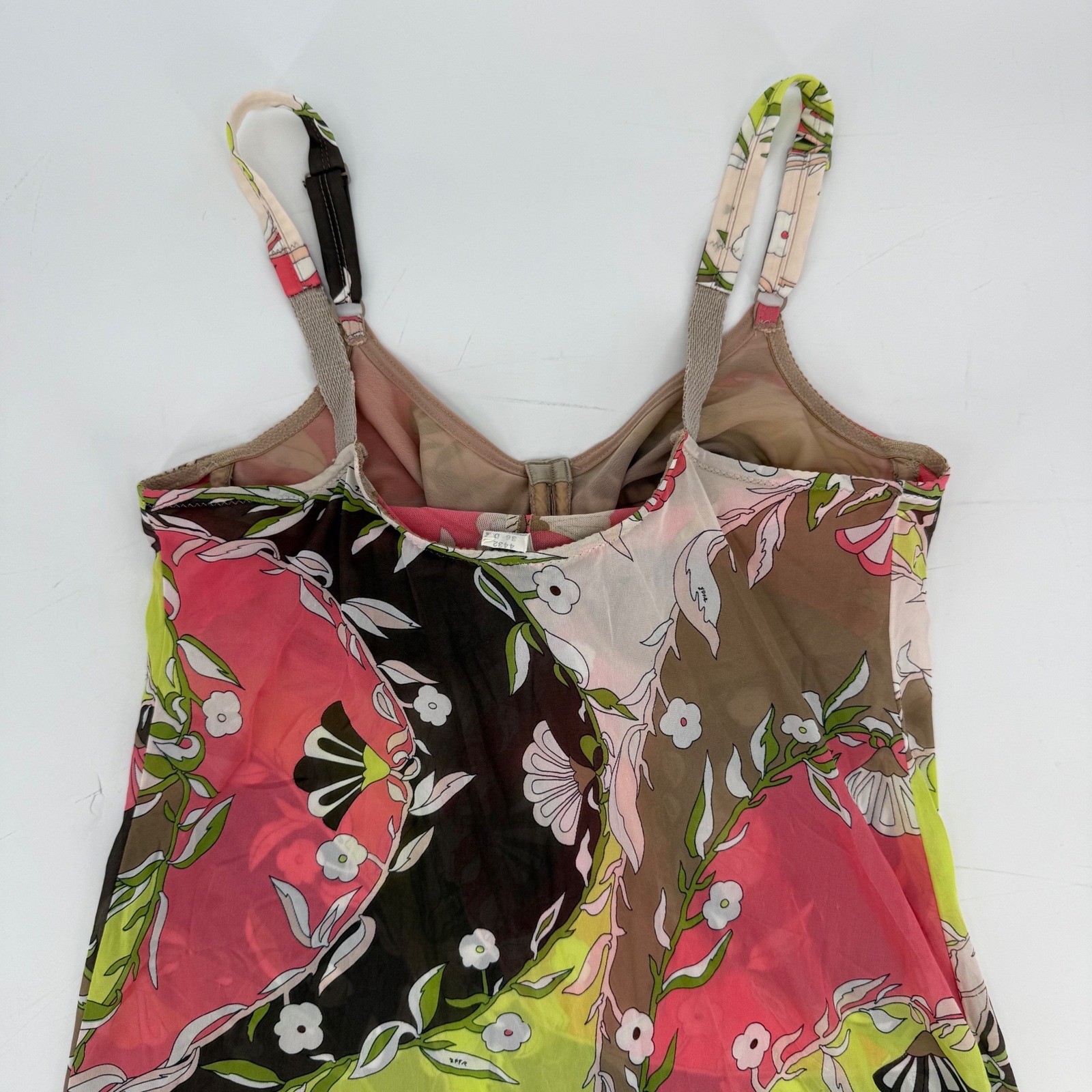 Vintage Emilio Pucci Floral Mesh Lingerie Slip Dress 36D Small Pink Green