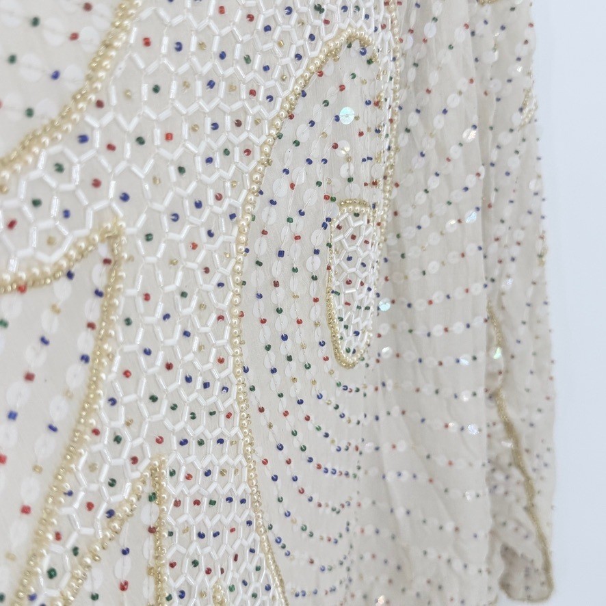 Vintage New Silk Beaded Sequin Blouse Cream Art Deco Top M NOS India Fairy Boho