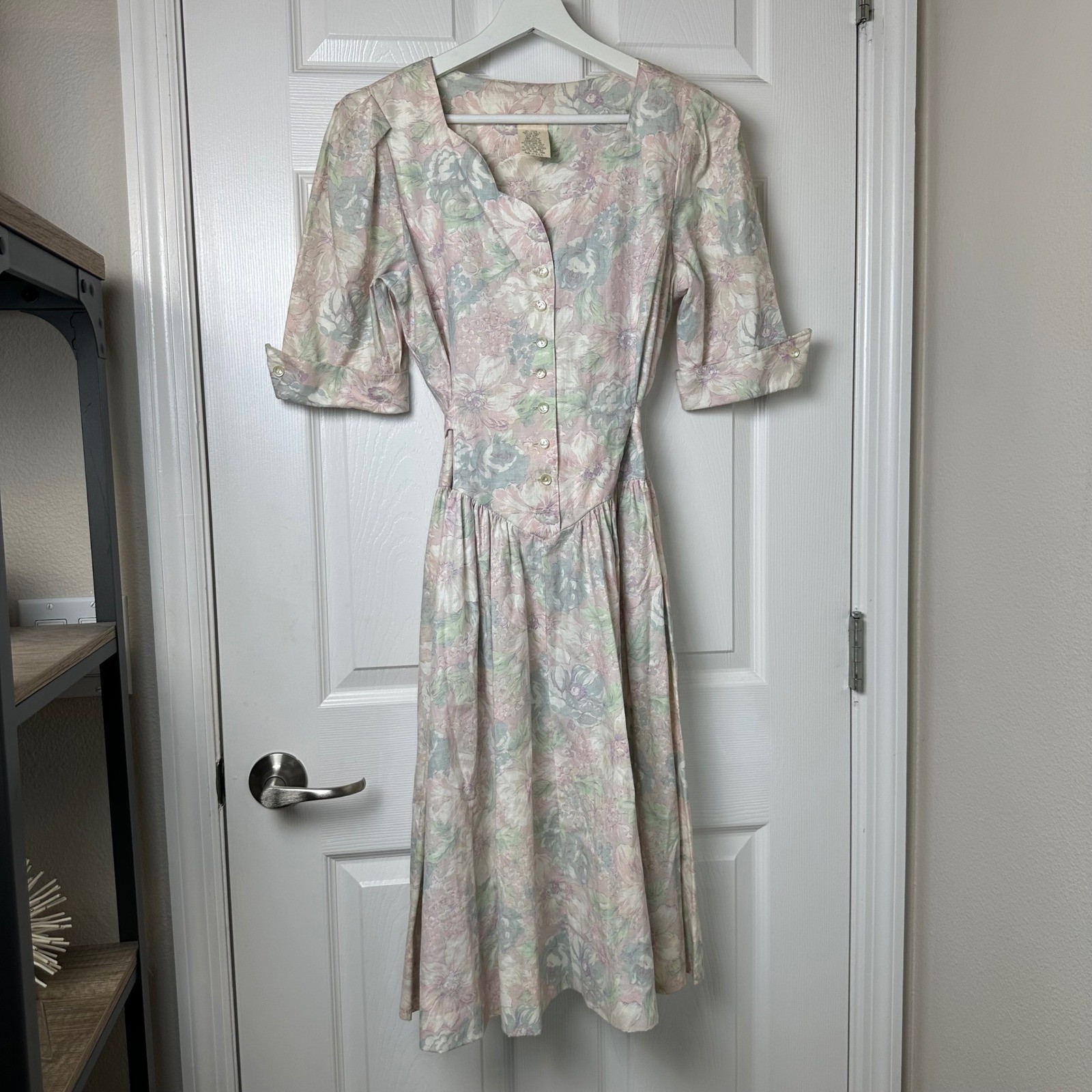 Floral Vintage Prairie Cottagecore Midi Dress Sm Pastel Pink Blue Dropped Waist
