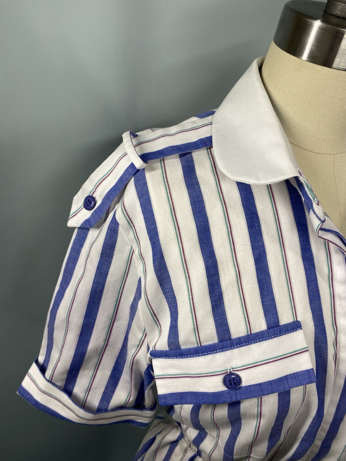 Vintage Dress SIZE XS 4 PETITE blue white classic stripe SCHRADER SPORT 70s 80s