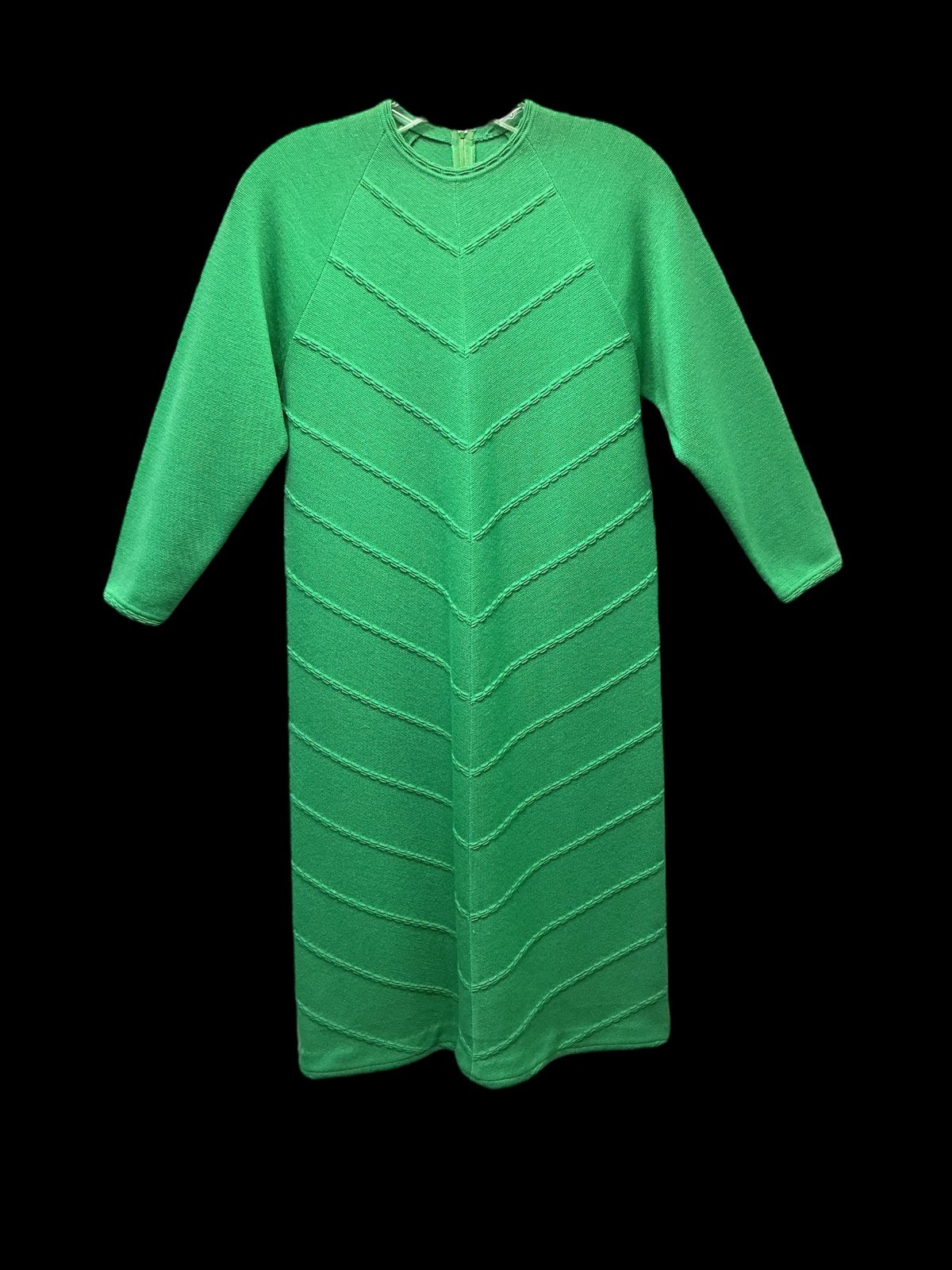 Vintage 1960s Green Mod Shift Dress Textured Knit 3/4 Sleeve No Label