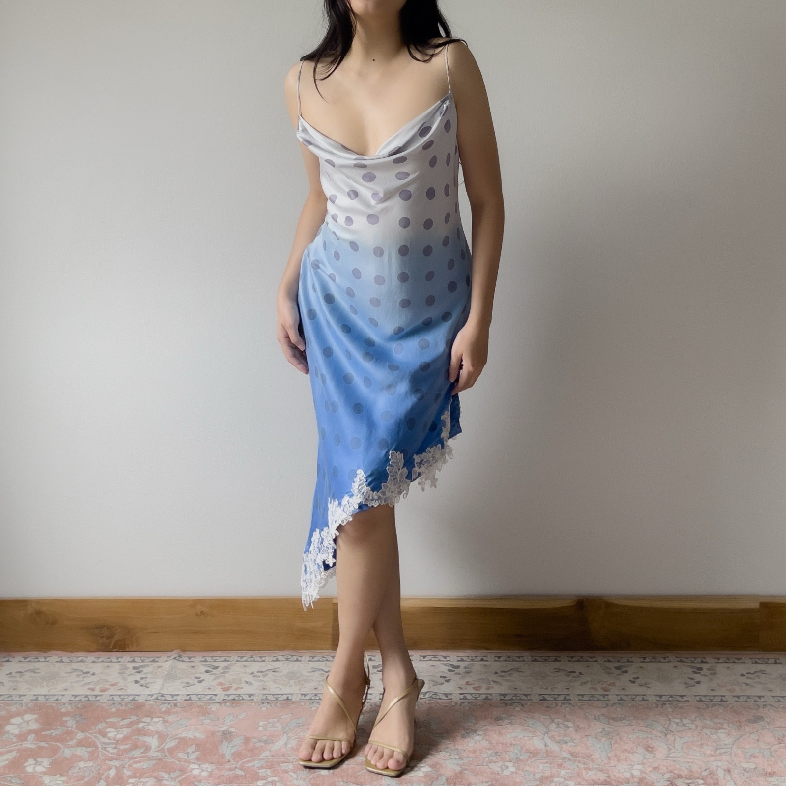 Vintage Pale Lavender & Hand-Dyed Blue Silk Polka Dot Slip Dress (S–M)