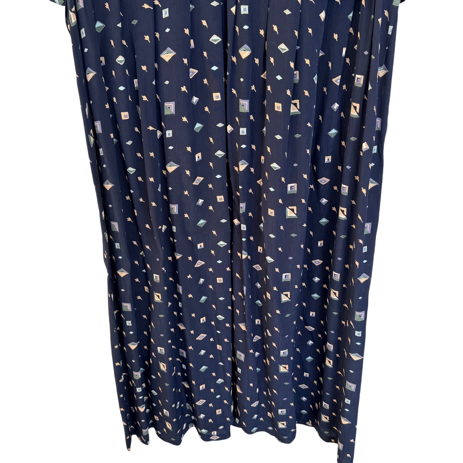 Karin Stevens Navy Blue Geometric Print Midi Dress Lace Collar Beaded Vintage 14