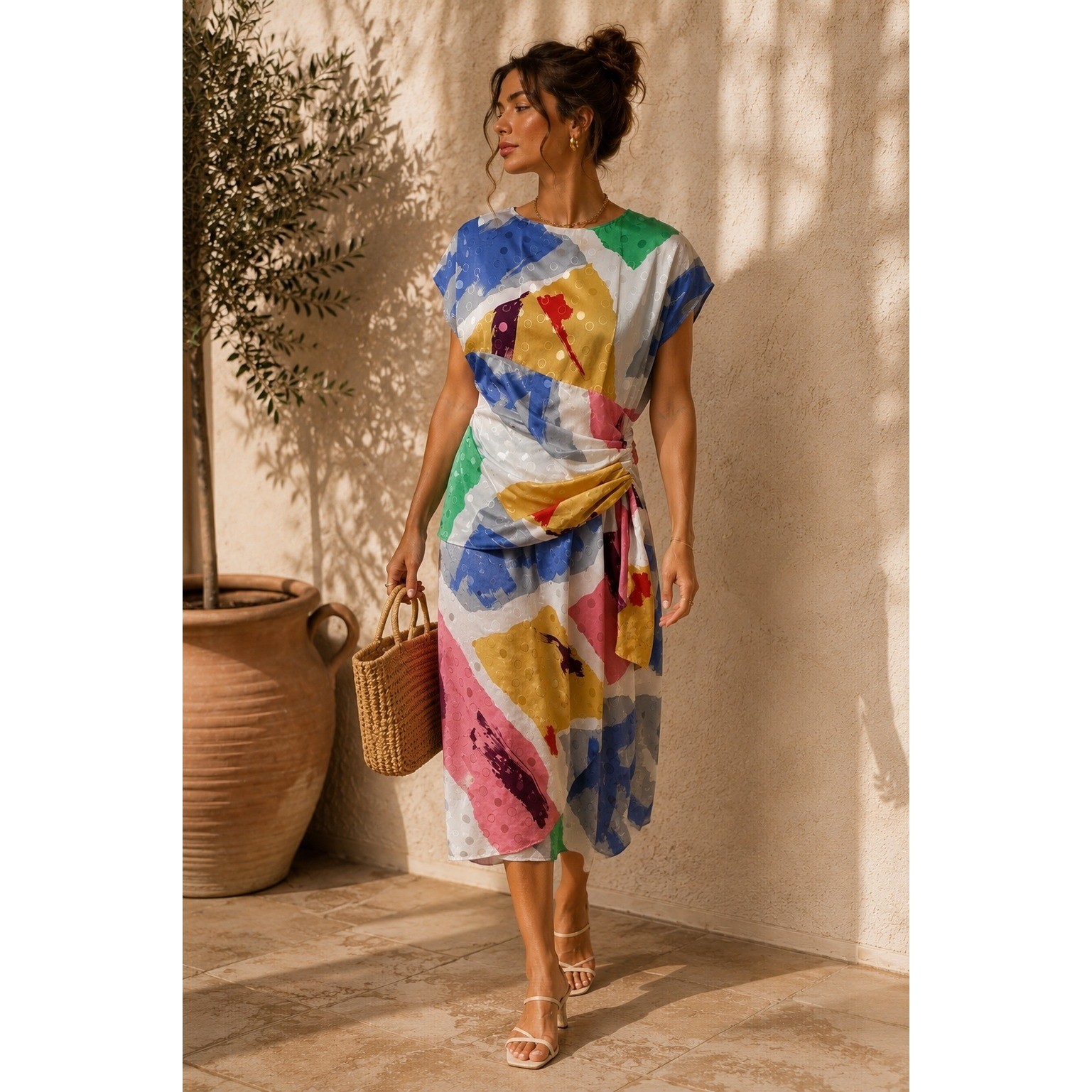 80s Vintage Young Edwardian Abstract Art Draped Midi Dress Women SMALL USA
