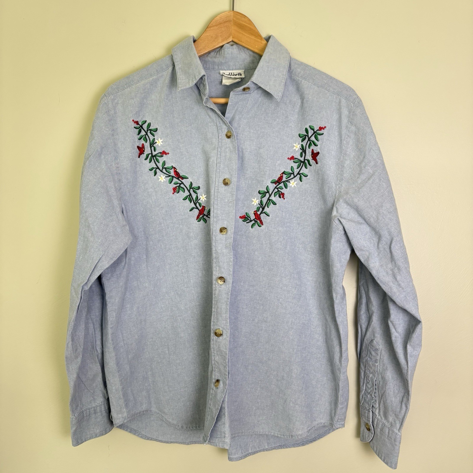 VTG 90s BonWorth Chambray Long Sleeve Shirt-Embroidered Cardinals/Bird/Flowers-L