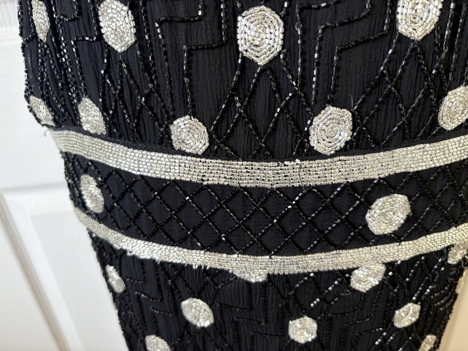 Judith Ann Creations 80s Does 20s 100% Silk Beaded Drop Waist Spider Web Dress M