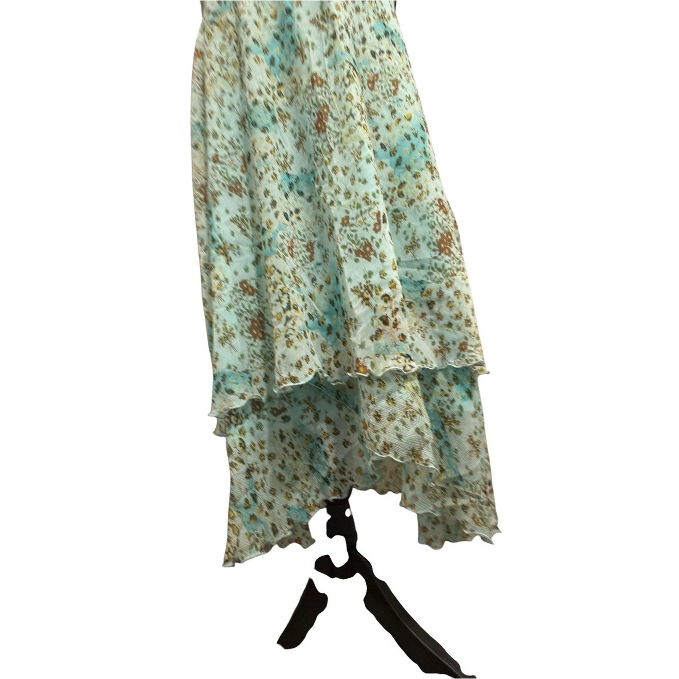 Vtg boho fairy Floral blue green pleated waist Midi Double Ruffle dress