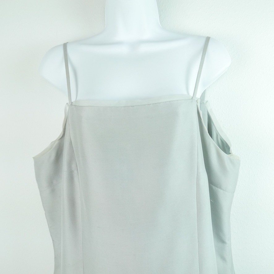 Vintage 100% Raw Silk Gray Square Neck Sheath Dress 16 90s Minimal Chic Maxi