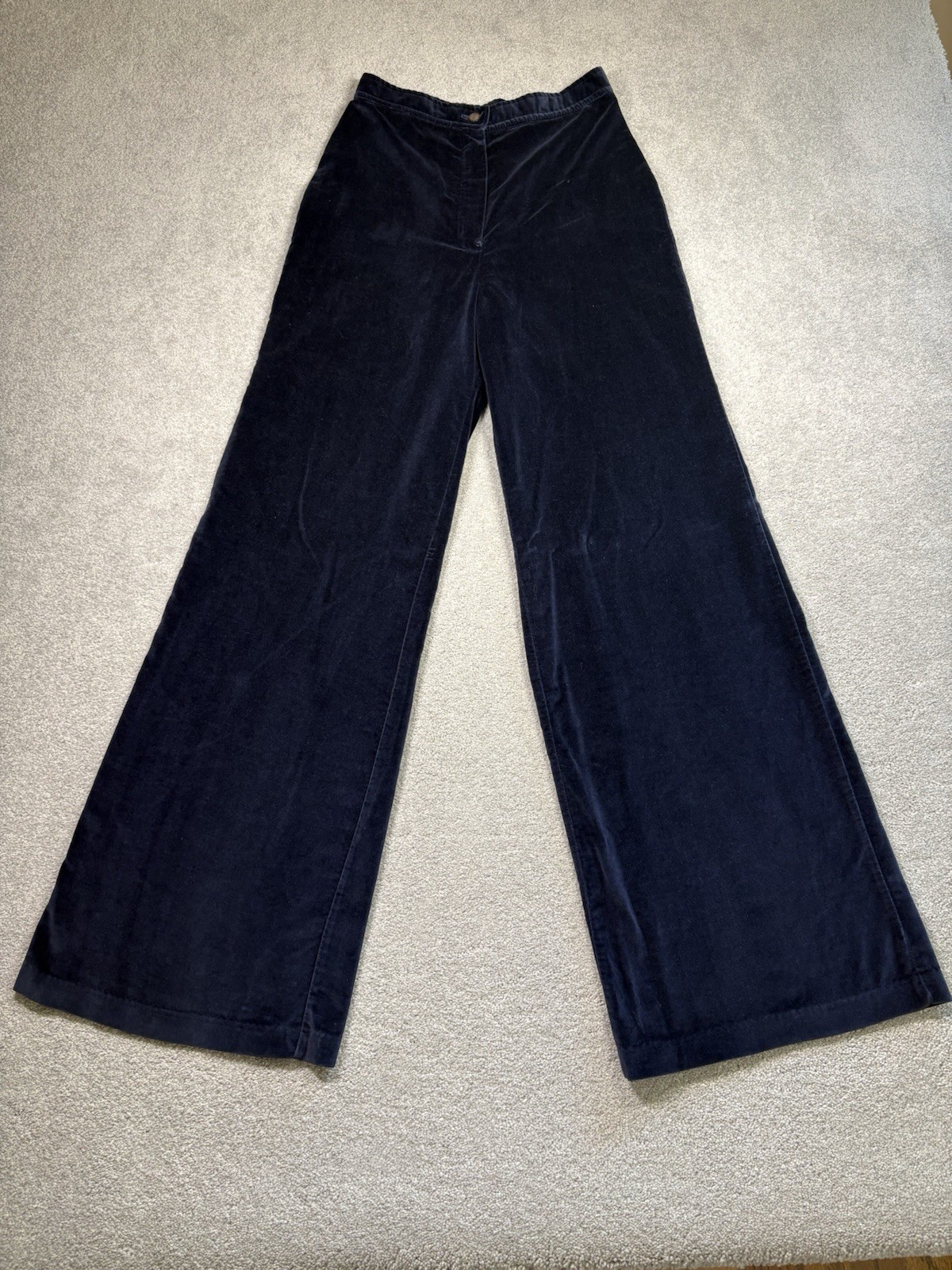 1970s Pandora Velour Pants Navy Blue Flare Leg Size 11 (26×32) Retro Vintage