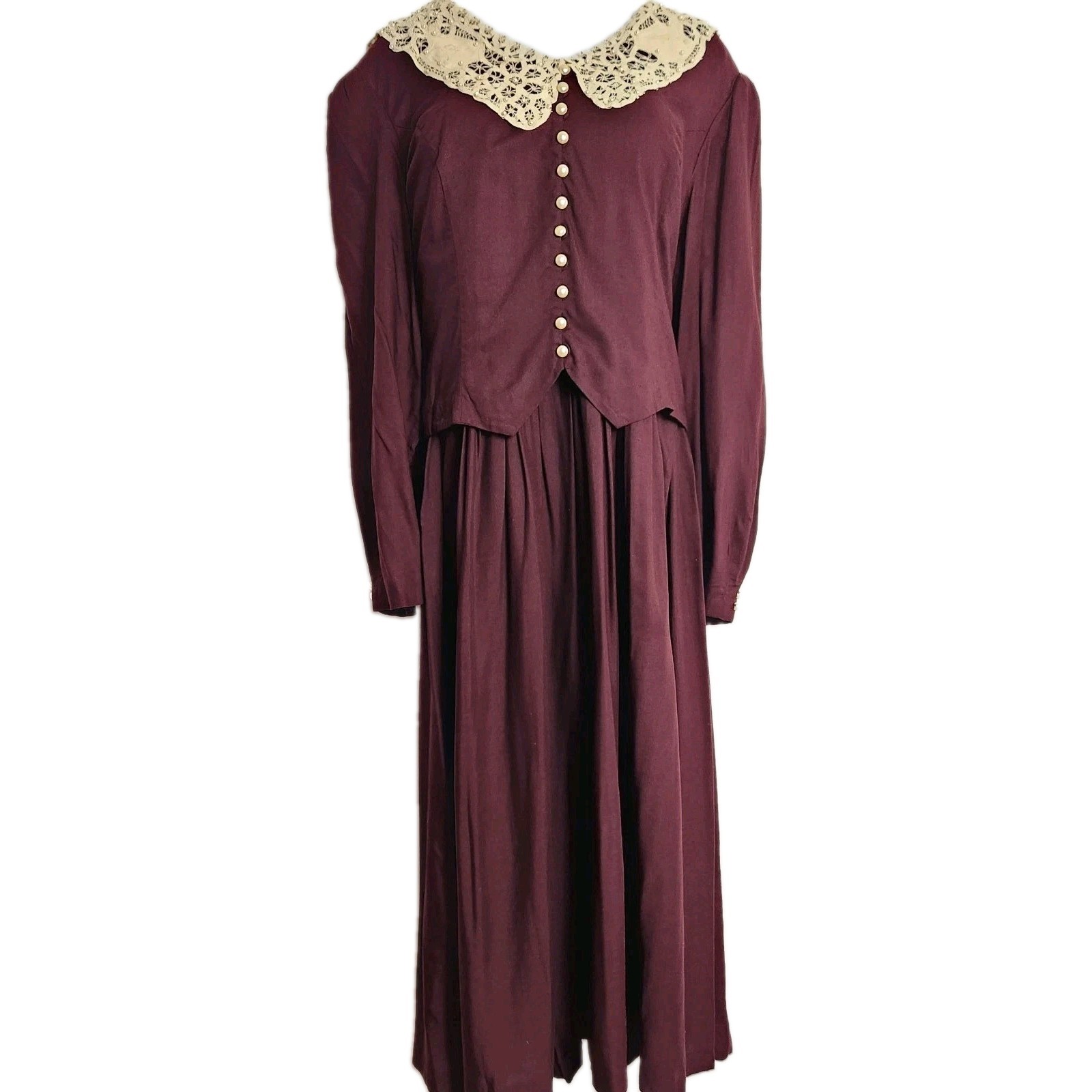 Vintage Plaza South Plus 20W Burgundy Prairie Midi Dress Lace Collar Cottagecore