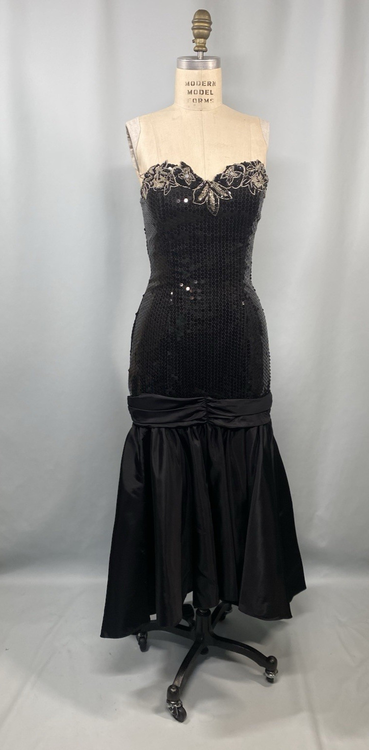 Vintage Dress SIZE EXTRA SMALL black sequin beaded NADINE sheath mermaid 80s 90s