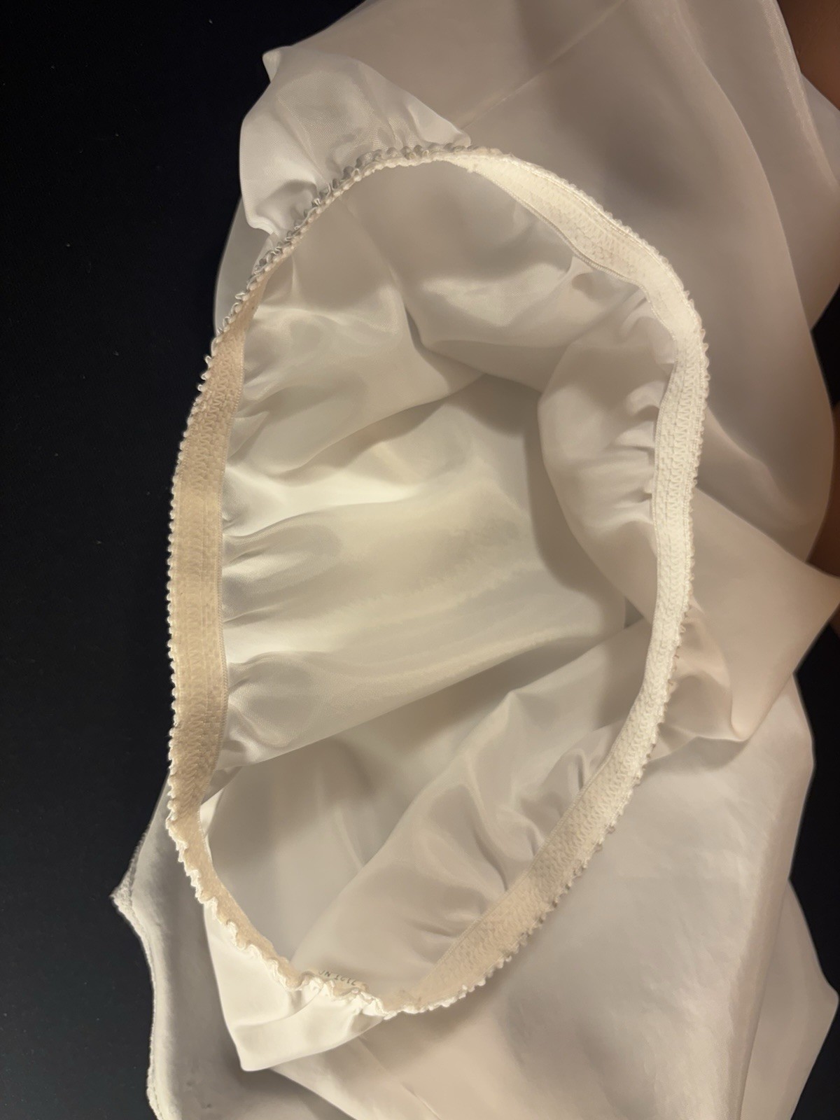 Vtg SATIN THIN TISSUE SHEER MINI SLIP SKIRT Oily Wet thin LINGERIE OFFICE SISSY