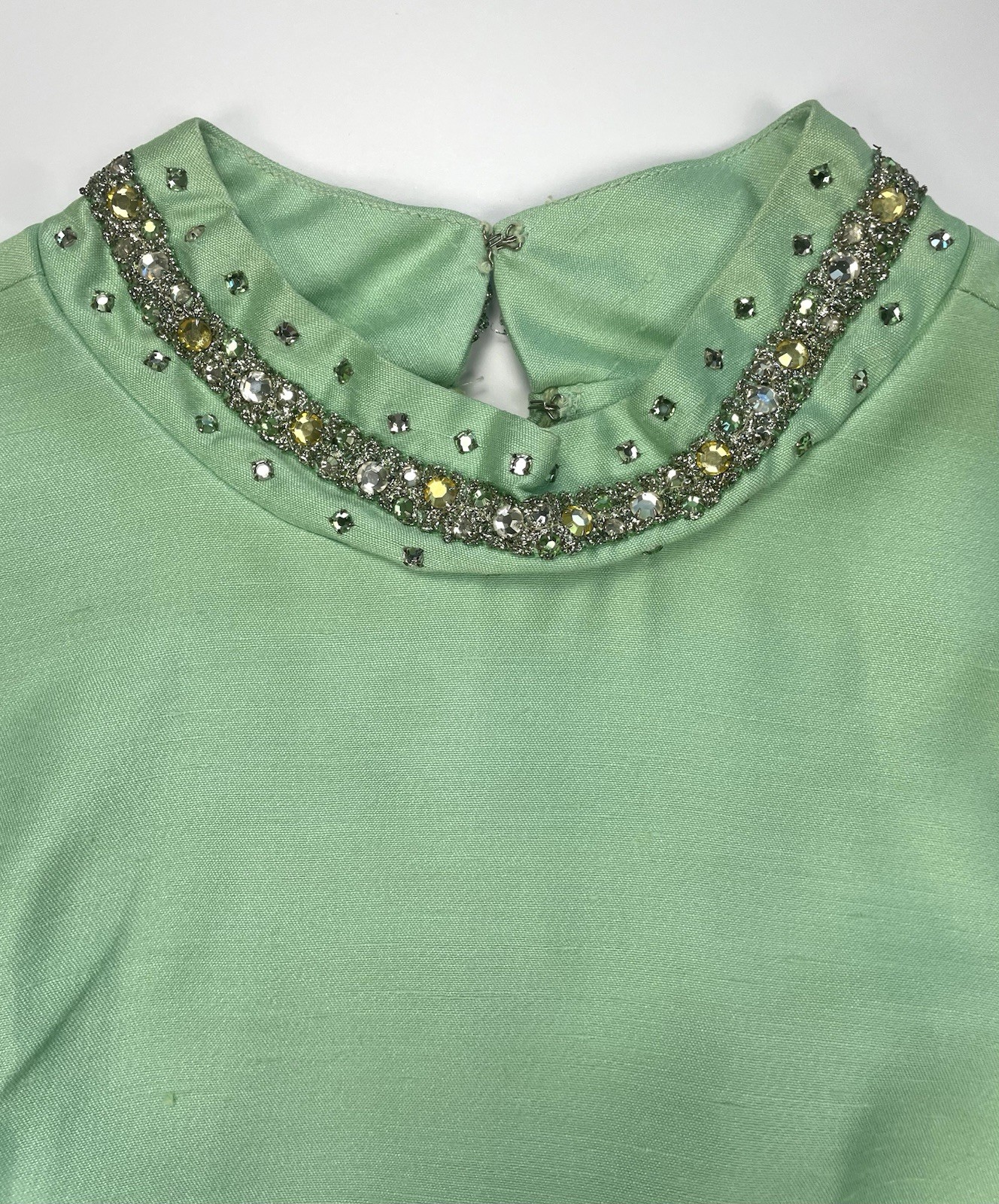 Vtg 60s Sakowitz Mint Green Dress Jacket Set Beaded Rhinestone Collar Suit Sz 12