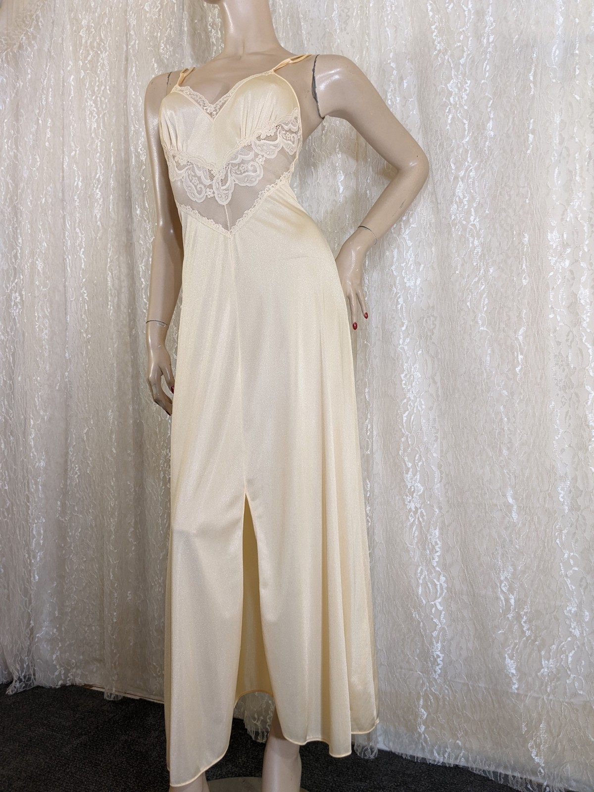 VTG Sparkling Nylon Double Straps Lace Lingerie Slit Open Slip Dress Nightgown S