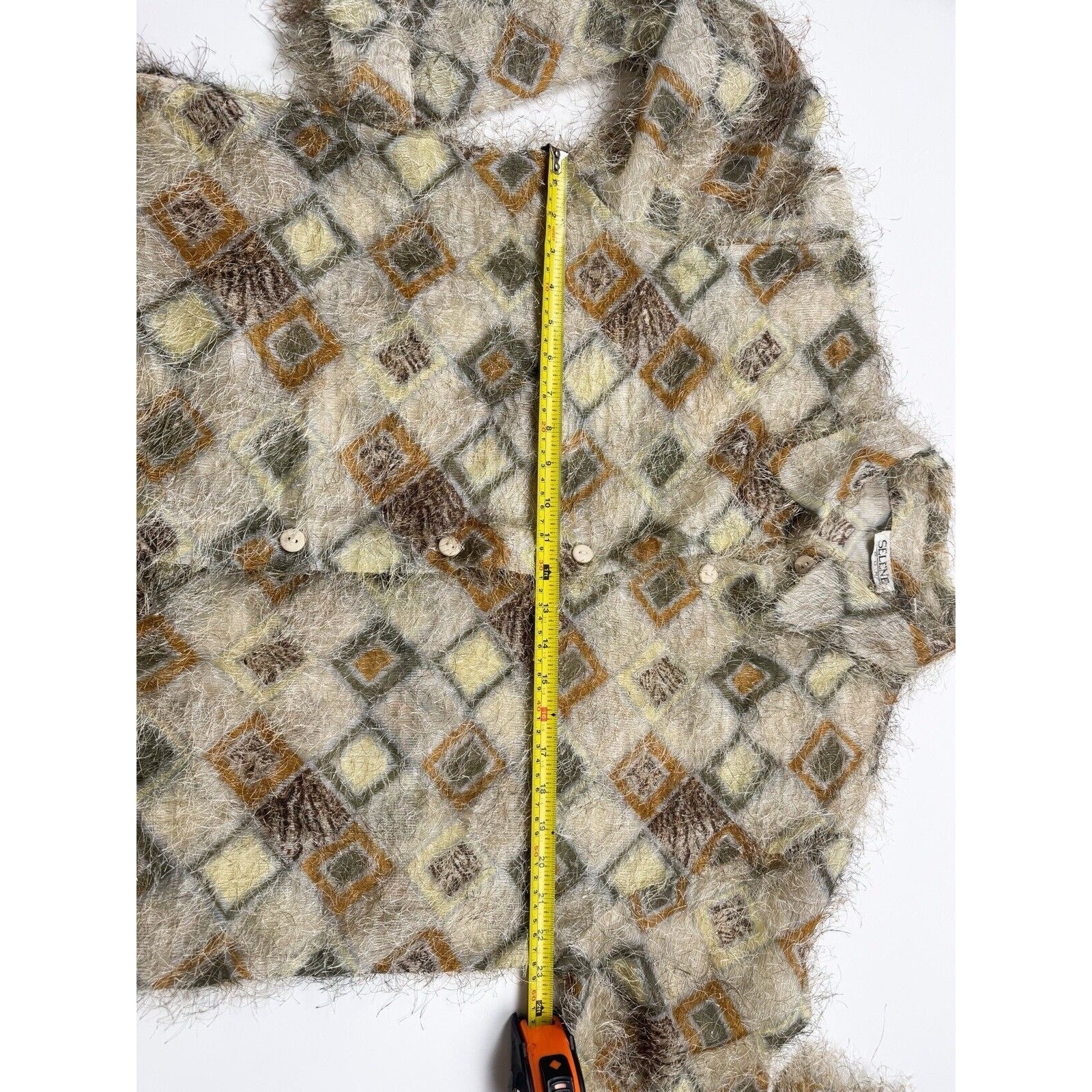 Vintage Art Deco Top Women&rsquo;s XL Retro Fuzzy Eyelash Detail Shirt Geometric