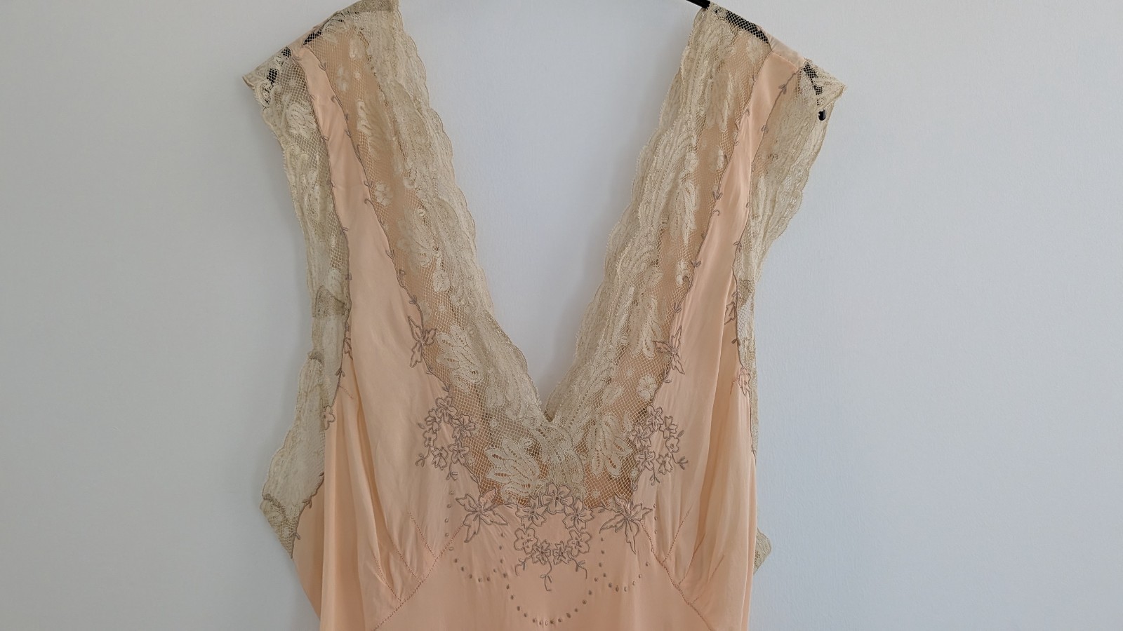 Antique 1930s Pink French Lace and Silk Slip Dress, Bias Cut, Maxi, Vintage, 30s