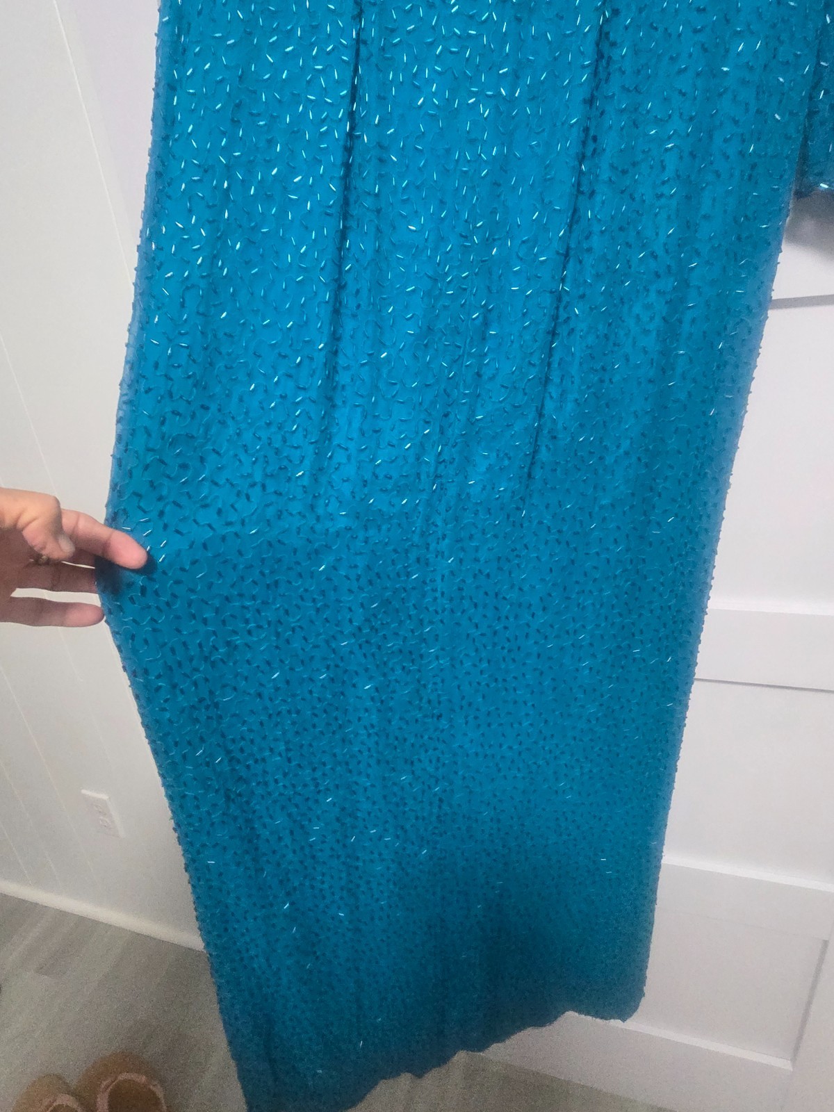 Vintage VINNIE Long Green, Teal, Silk Beaded Dress size XL