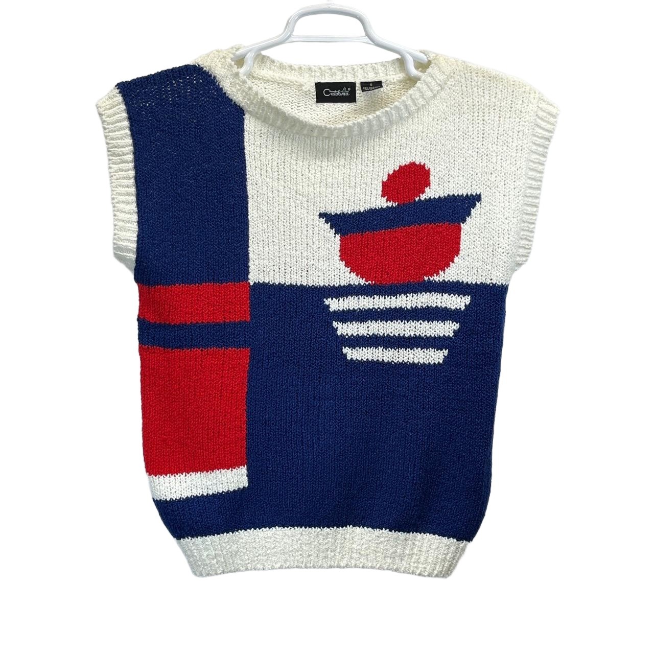Vintage Catalina Red White Blue Womens 60s/70s Mod Geometric S/S Sweater Small