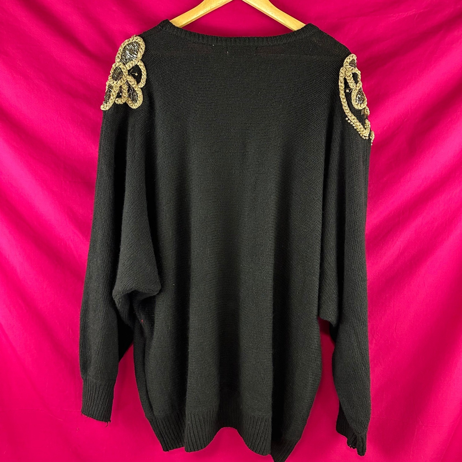 Vintage 80s Beaded Rhinestone Sweater Black Gold Angora Silk Wool NYE Plus 26/28