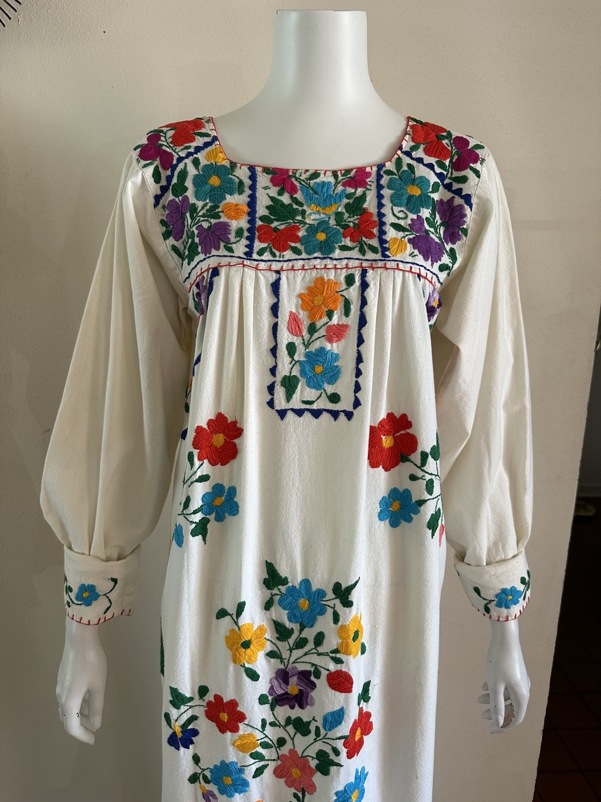 Vintage Mexican Huipil Dress Cactus Agave Embroidery Oaxaca Cotton Maxi 1970s
