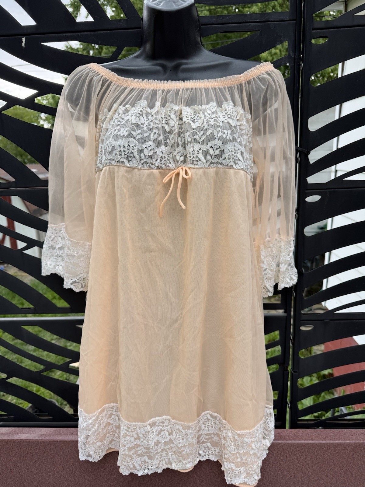 Vintage 60s Durelle Lingerie Night Gown LRG Peach Orange Chiffon Nylon 2 Layer