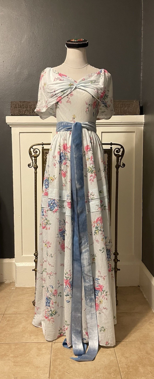 1930’s Vintage Baby Blue Floral Voile Gown With Blue Velvet Ribbon
