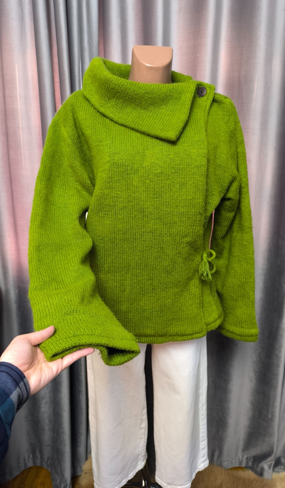 Vintage 100% Wool Green Cardigan Jacket Handmade Nepal Boho Lined L