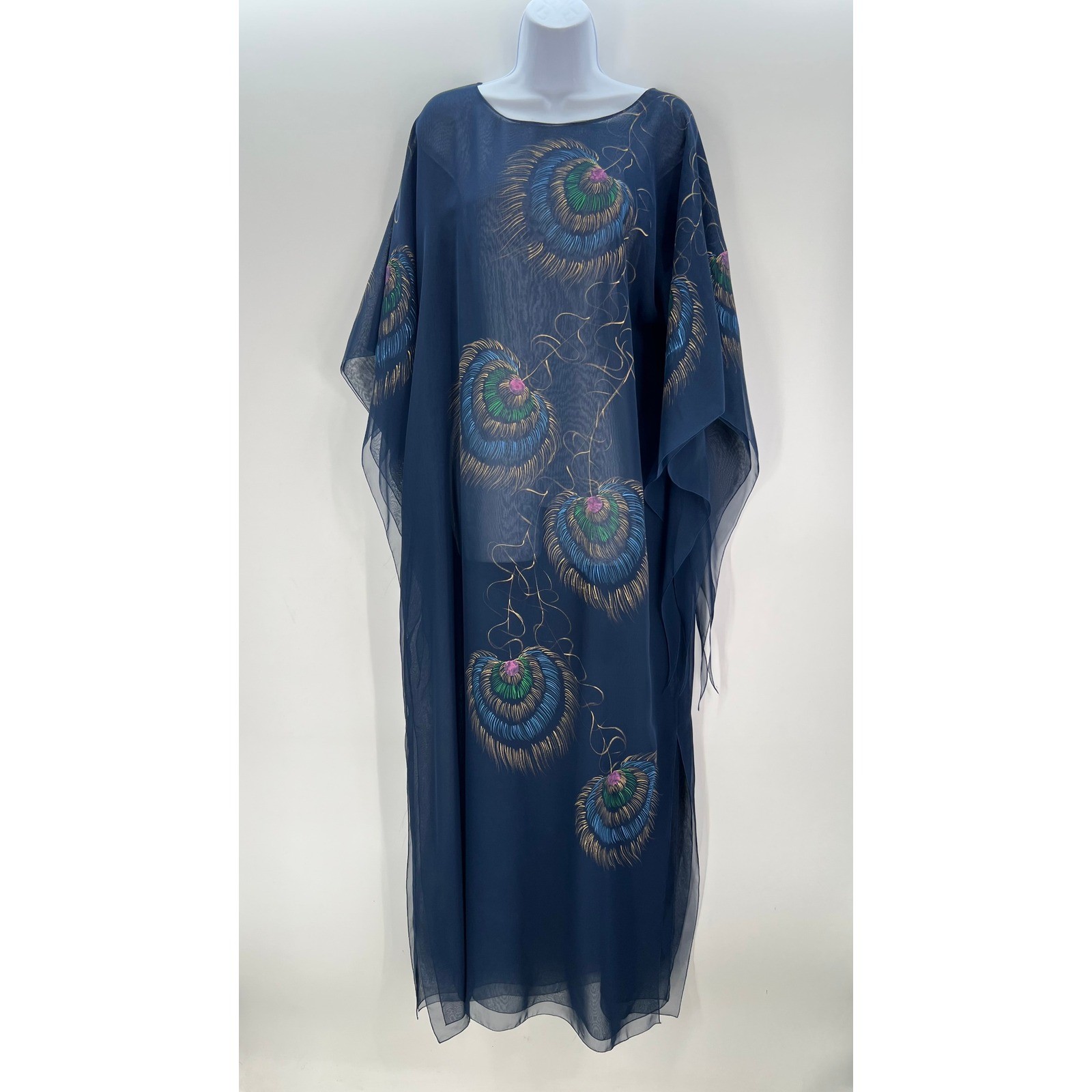 Samantha Scott California Vintage Kaftan Navy Hand Painted Peacock Maxi Dress M