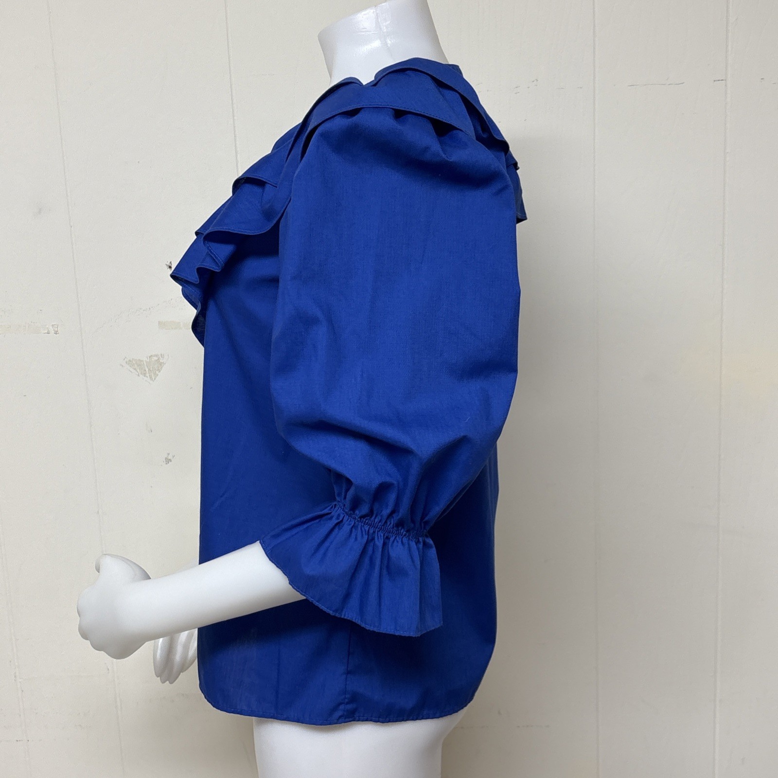 Vintage Malco Modes Blouse Womens Small Royal Blue Ruffle Collar Western Prairie