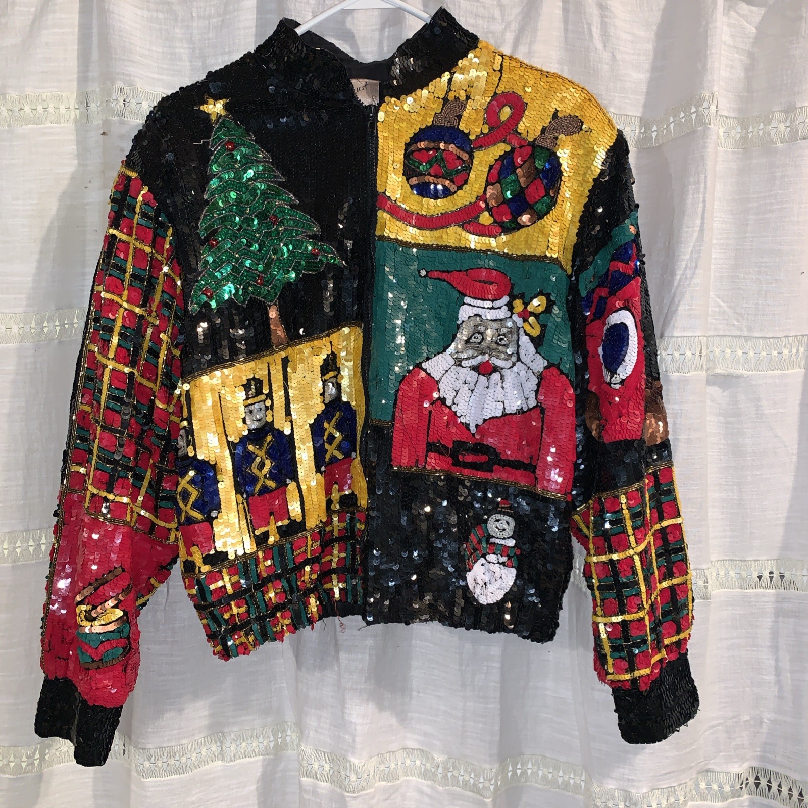Vtg 80s Women&rsquo;s Just Fabulous Silk Sequin Christmas Jacket Size M Statement