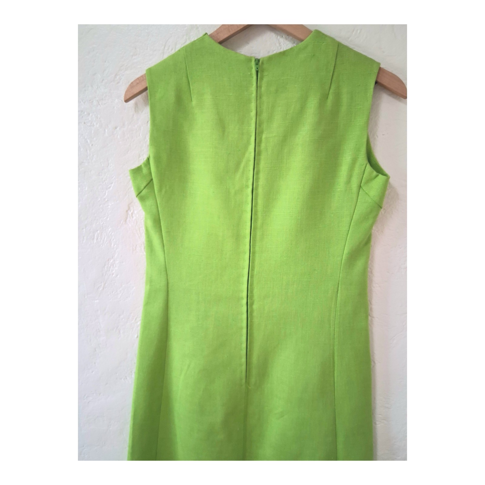 VTG 1960s Mod Shift Dress Lime Green Cotton Sleeveless Chevron Seam Midi M