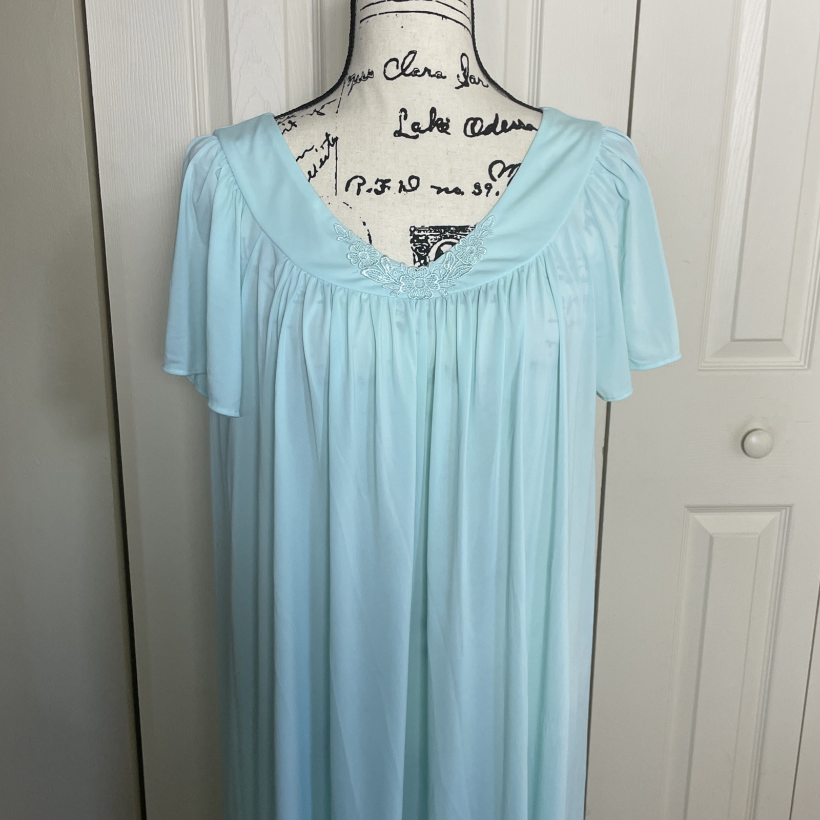 Collette By Miss Elaine Blue Flutter Sleeve Gown Floral Decoration At Neck Med