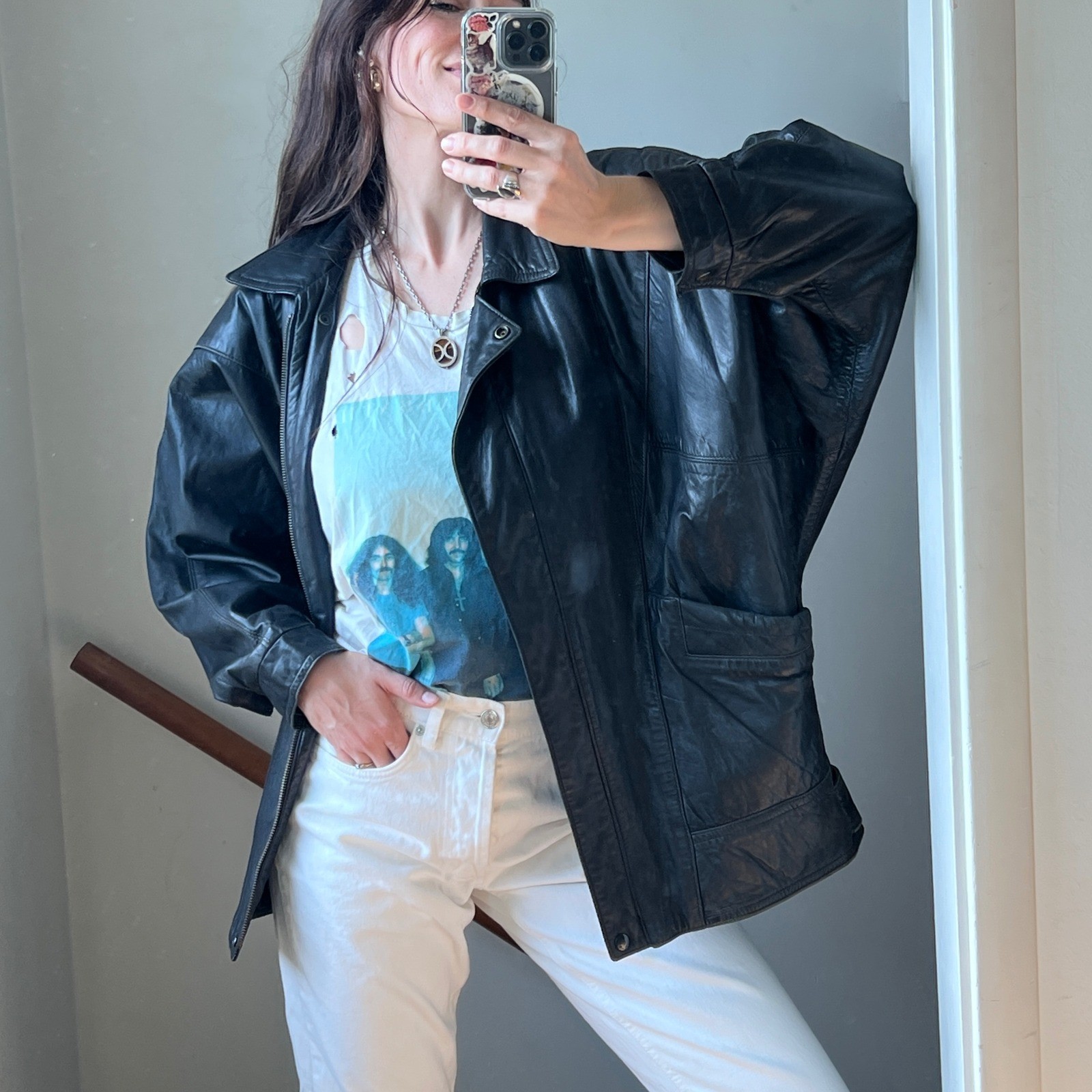 Vintage 80s Leather Jacket Black Biker Moto Dolman Sleeve Batwing Oversized USA