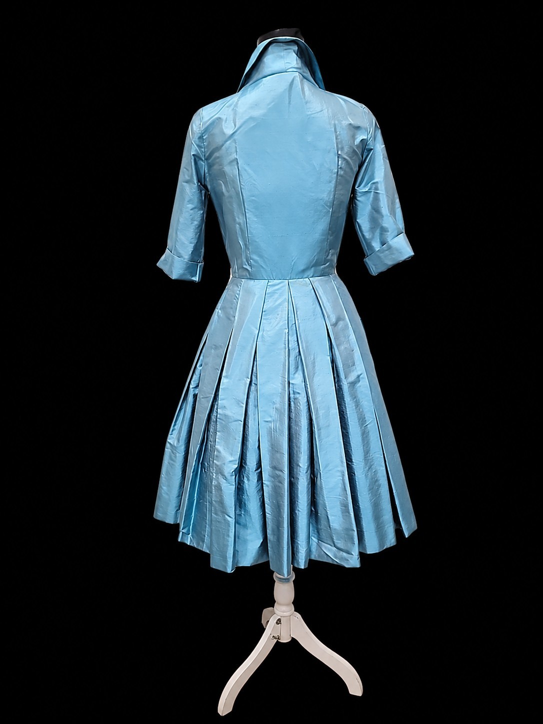 Rare VTG 50s Marie Leavell Aqua Blue Silk Shirt Dress Mid Century Boutique/Pleat