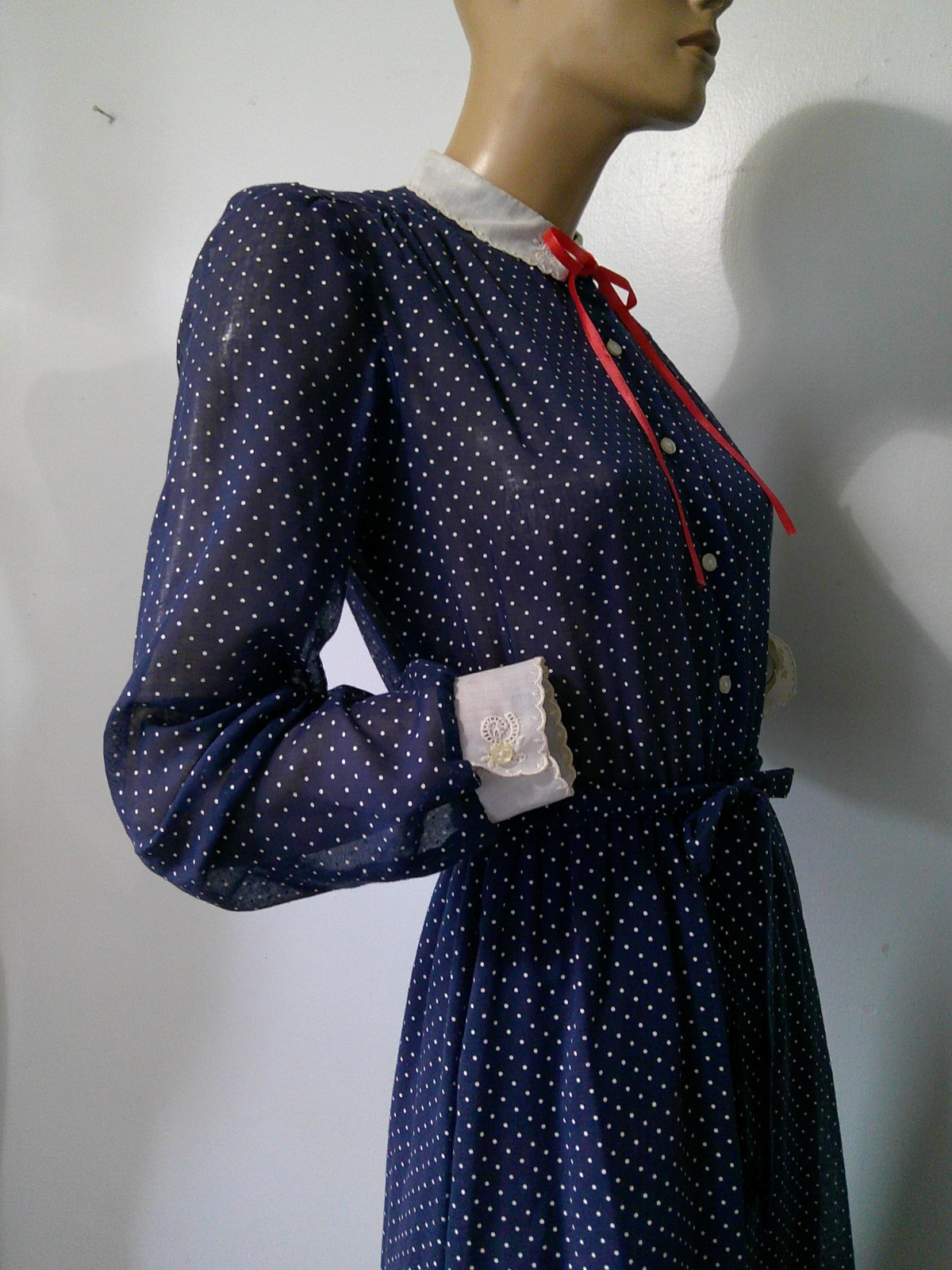 Vtg 70s Navy & White Tiny Dot Semi Sheer Modest Secretary Day Dress Fit Flare M