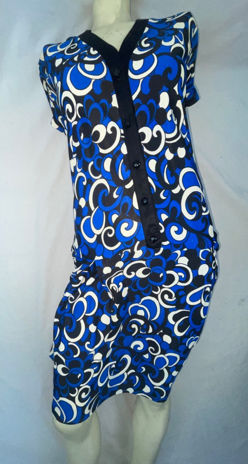 VTG 60s 70s WOMENS S BERKSHIRE BLUE GEOMETRIC DISCO RETRO BUTTON PARTY DRESS