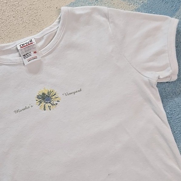 VTG Anvil Martha&rsquo;s Vineyard Babydoll T-Shirt Sz M Tag (XXS fit) White Cotton 90s