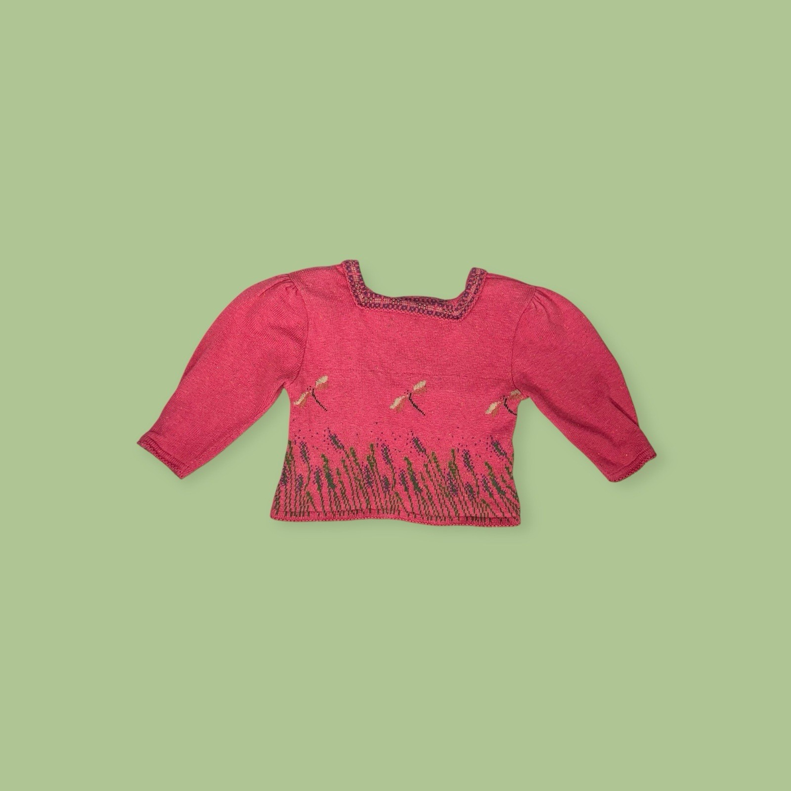 VTG 1990s COTTON DRAGONFLY WHIMSICAL CROPPED SWEATER Y2K FAIRY CORE BOHO PRAIRIE