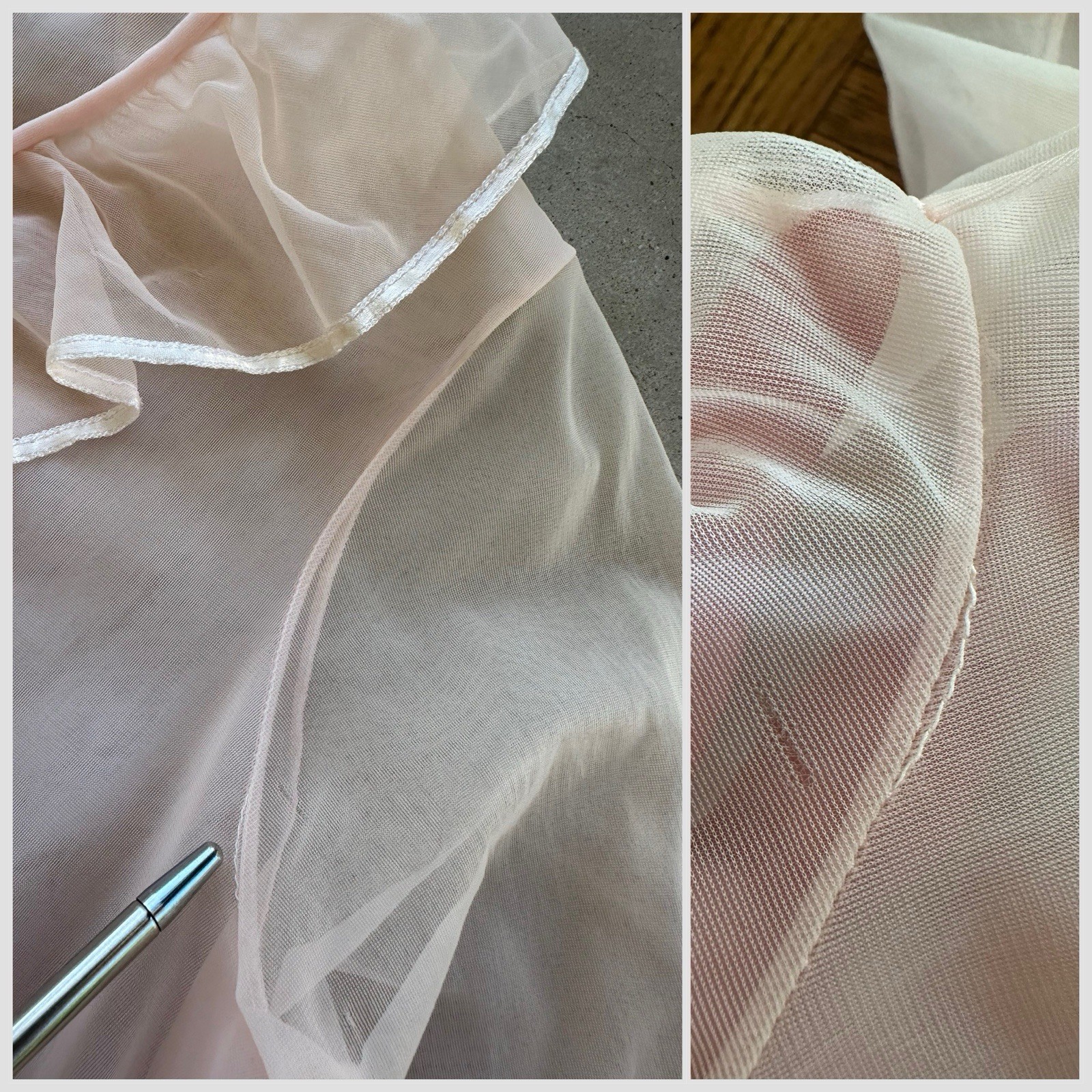 1960s Miss Elaine Pink Sheer Nylon Peignoir Robe Ruffle Front Double Layer VTG