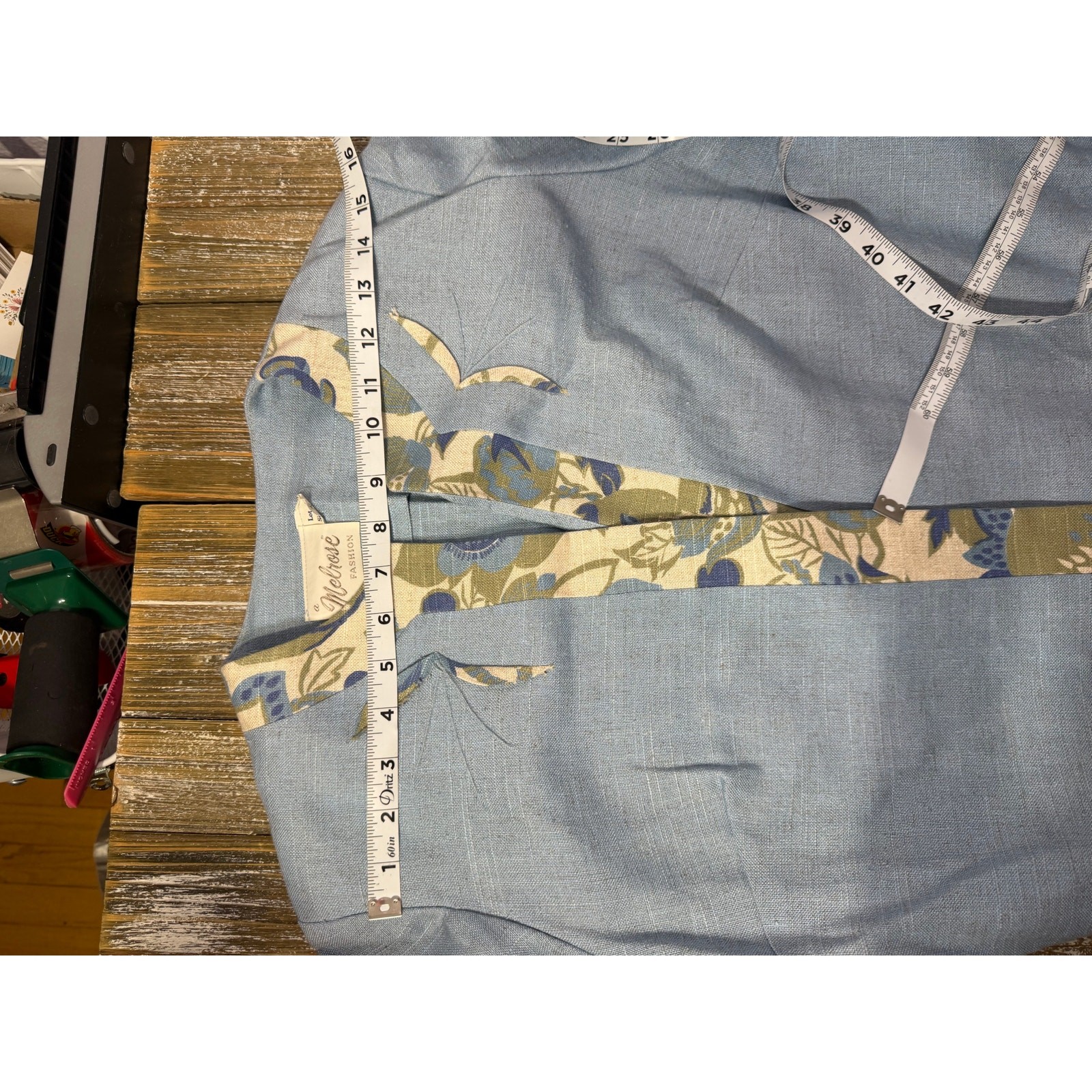 Vintage Linen Cropped Jacket Blouse Set Floral Cottagecore Boho 60s Mod Blue M/L